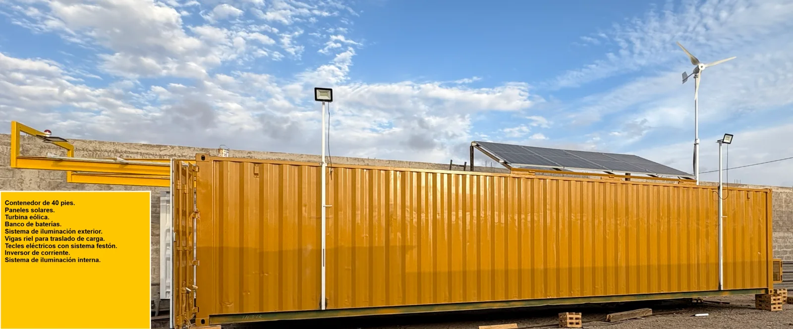 Contenedor autosustentable de 40 pies con paneles solares, turbina eólica y banco de baterías